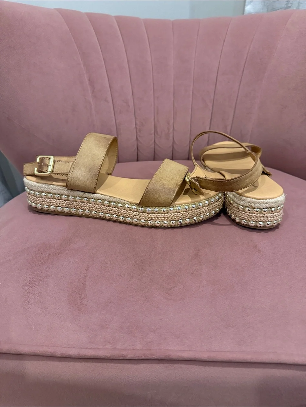 Women's Tan Platform Espadrille Sandals with stud trim
